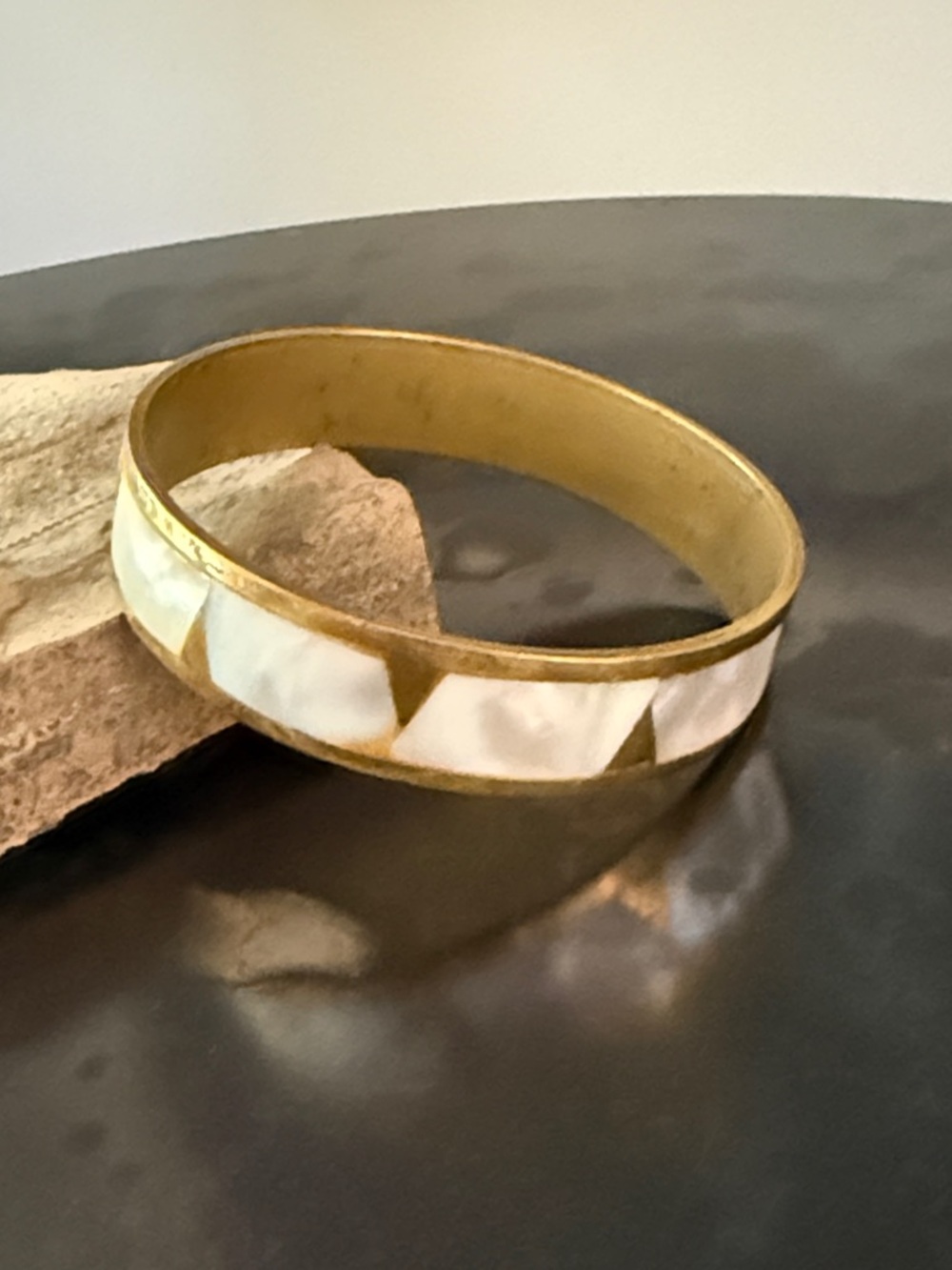 Brass Bangle Bracelet with White Mother-of-Pearl Inlay. Stunning